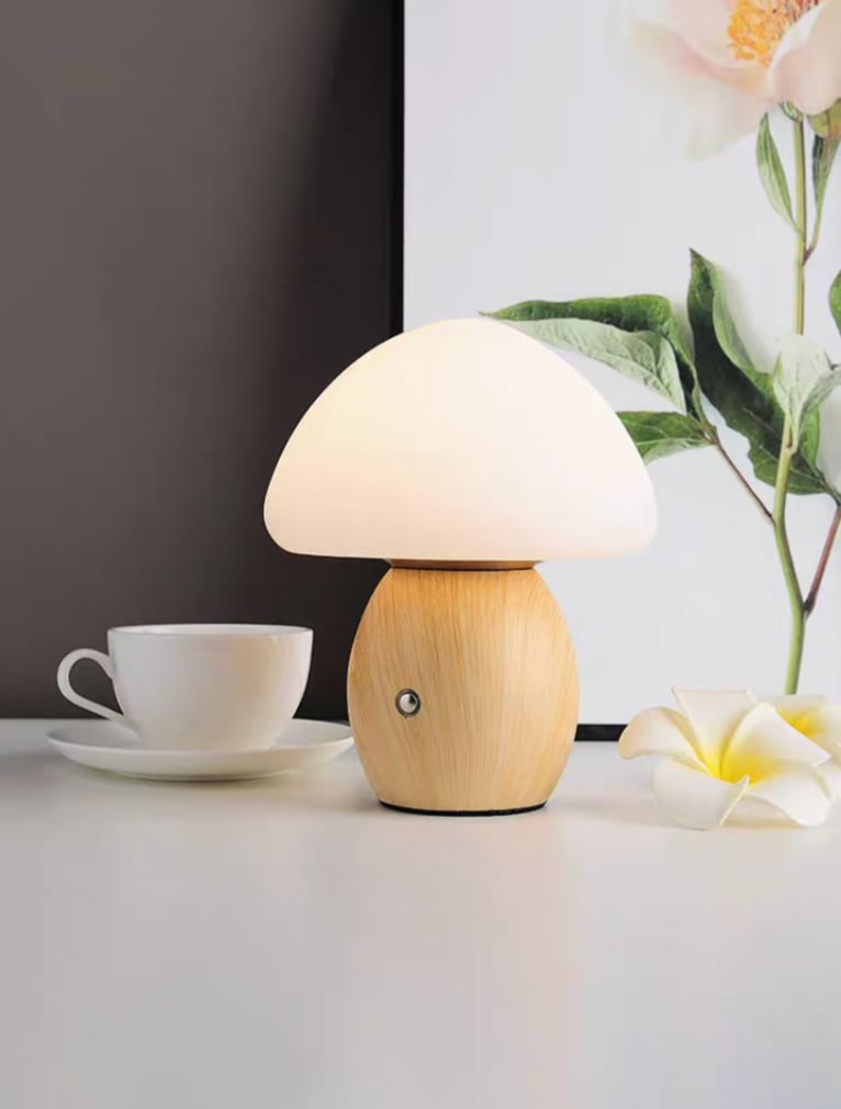 Solid Wood Frosted Mushroom Table Lamp - USB Rechargeable LED Cordless Table Lamp