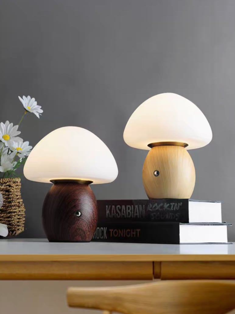 Solid Wood Frosted Mushroom Table Lamp - USB Rechargeable LED Cordless Table Lamp