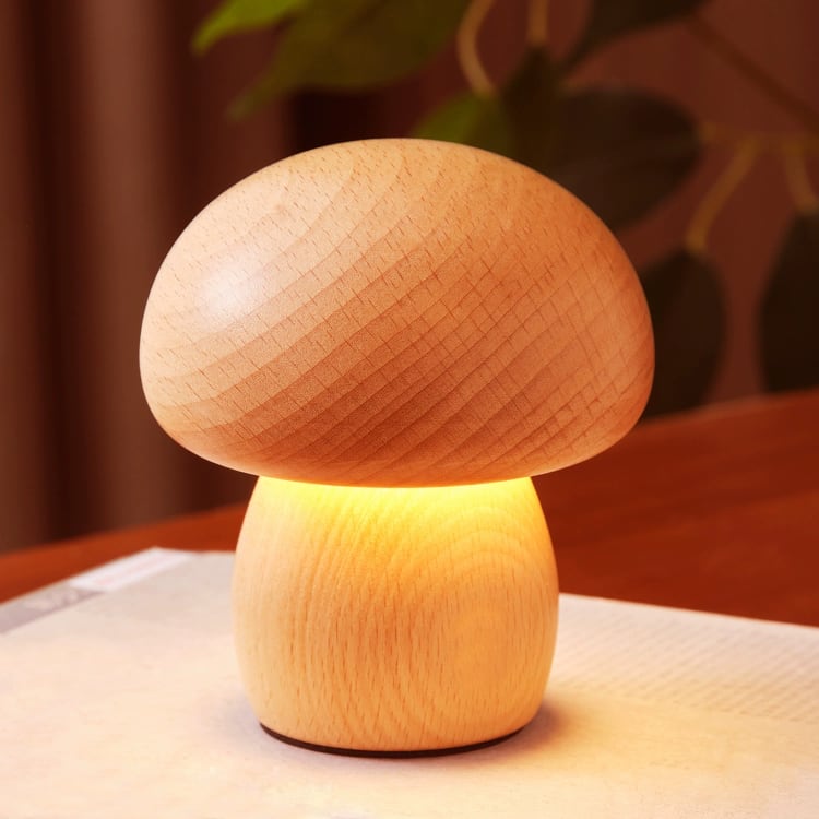 Solid Wood Mushroom Table Lamp - USB Rechargeable LED Cordless Table Lamp