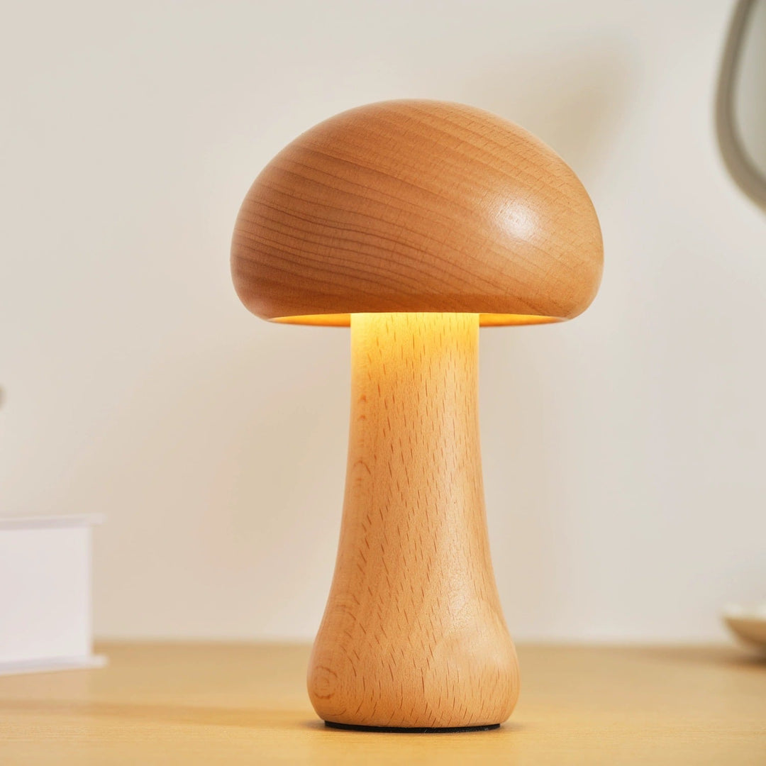 Solid Wood Mushroom Table Lamp - USB Rechargeable LED Cordless Table Lamp