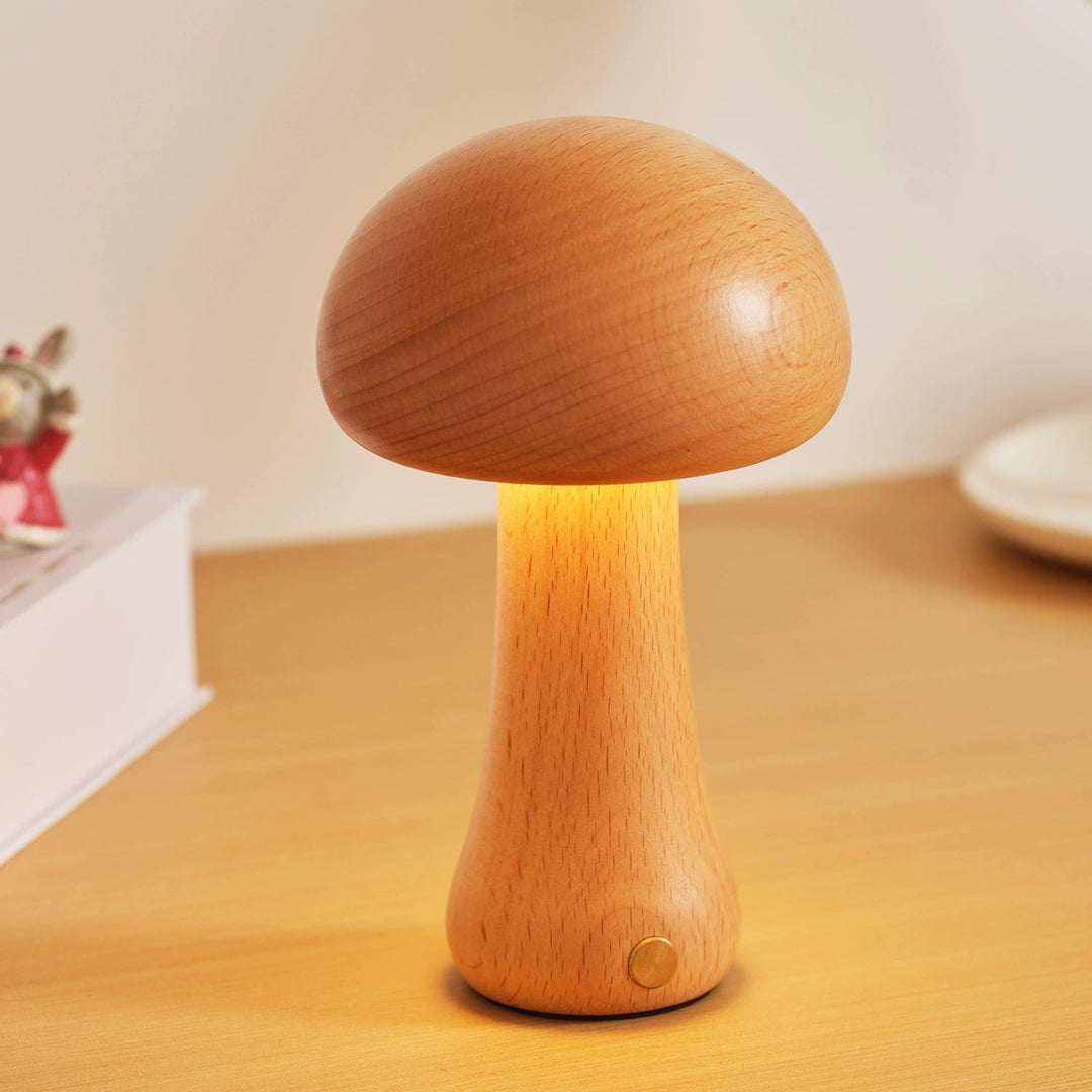 Solid Wood Mushroom Table Lamp - USB Rechargeable LED Cordless Table Lamp