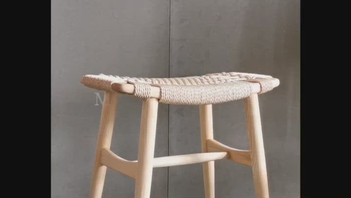 Tomomi - Solid Ash Wood & Kraft Paper Rope Makeup Stool | Dining Room Stool