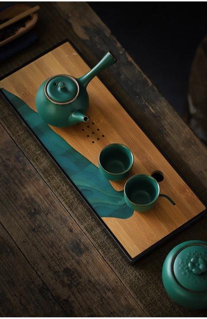 Japanese Dark Green Side Grip Teapot Set - 5pcs One Pot And Two Cups - www.zawearystocks.com