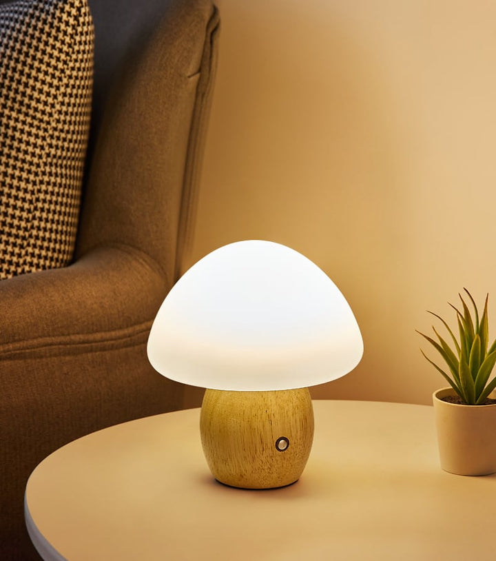 Solid Wood Frosted Mushroom Table Lamp - USB Rechargeable LED Cordless Table Lamp