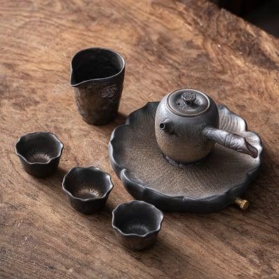 Japanese Petal Side Grip Kung Fu Teapot Set - 6 pcs | One Pot And Three Cups with Tray - www.zawearystocks.com