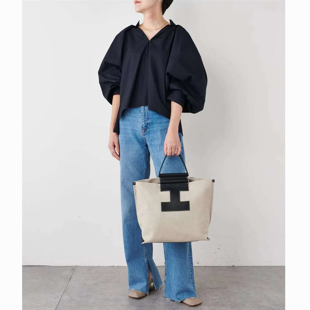 INA - Variety Tote Bag in Leather & Canvas _ Black