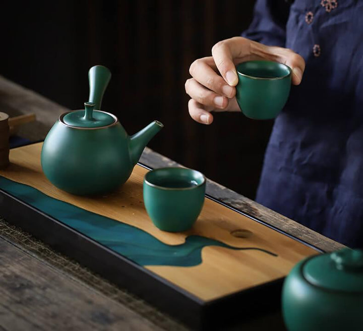 Japanese Dark Green Side Grip Teapot Set - 5pcs One Pot And Two Cups - www.zawearystocks.com