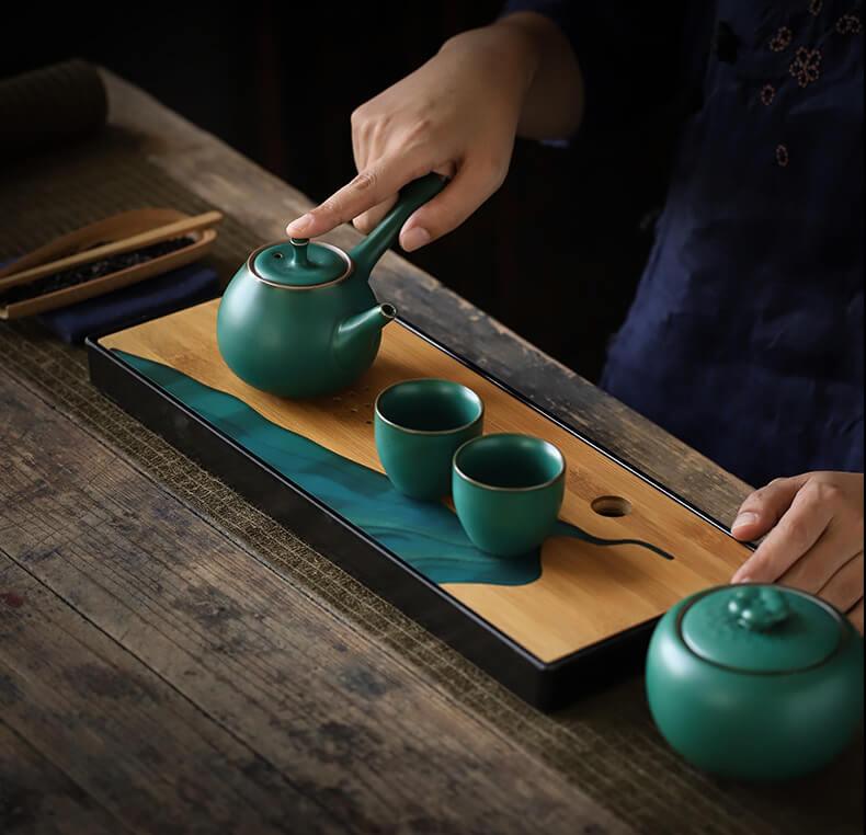 Japanese Dark Green Side Grip Teapot Set - 5pcs One Pot And Two Cups - www.zawearystocks.com