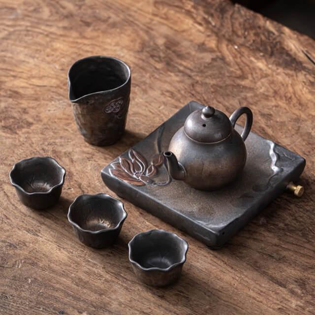 Japanese Early Lotus Pear Teapot Set - 6 pcs | One Pot And Three Cups with Tray - www.zawearystocks.com