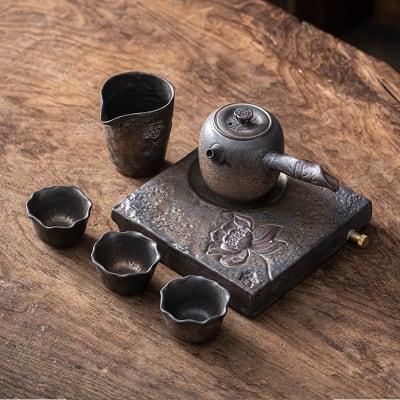 Japanese Lotus Side Grip Kung Fu Teapot Set - 6 pcs | One Pot And Three Cups with Tray - www.zawearystocks.com