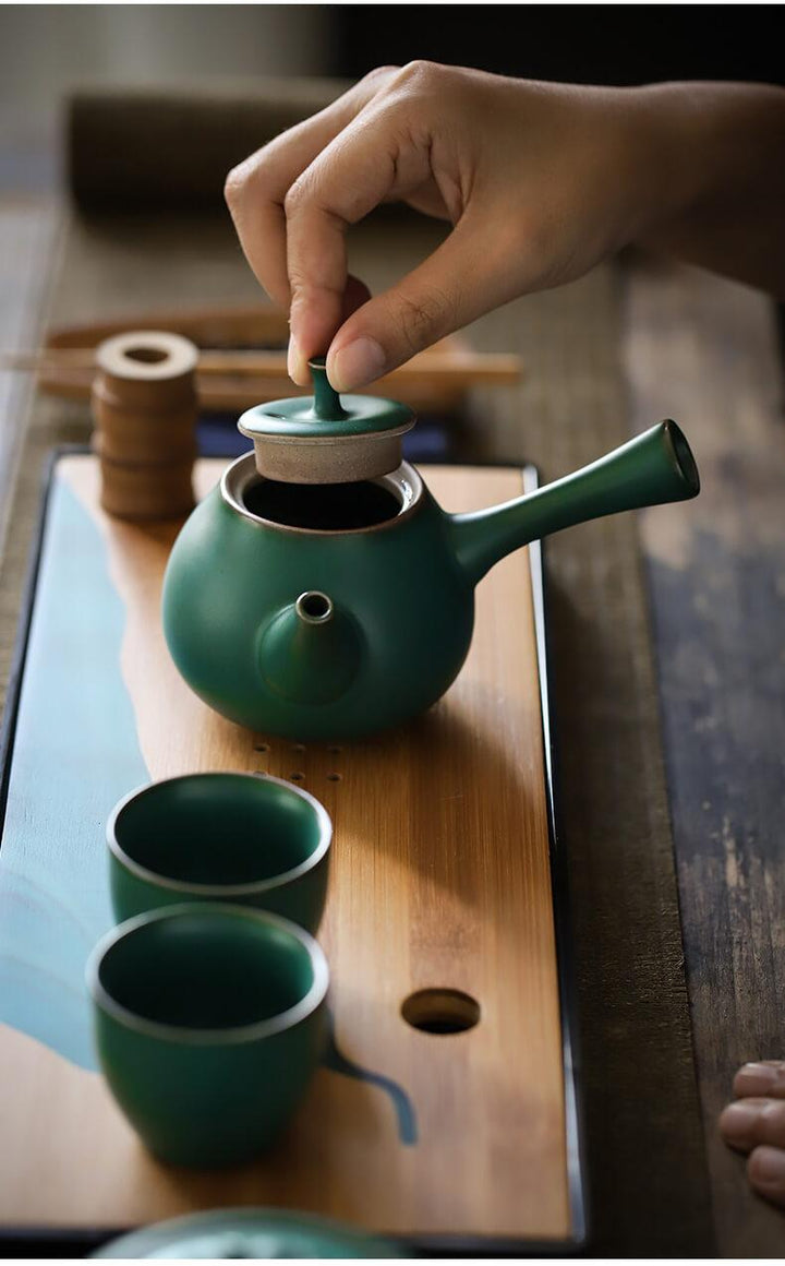 Japanese Dark Green Side Grip Teapot Set - 5pcs One Pot And Two Cups - www.zawearystocks.com