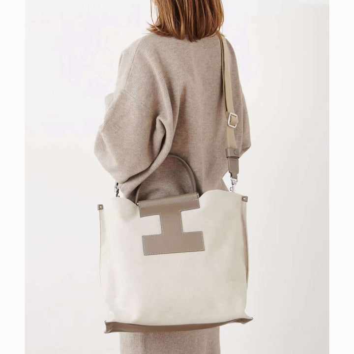 INA - Variety Tote Bag in Leather & Canvas _ Khaki