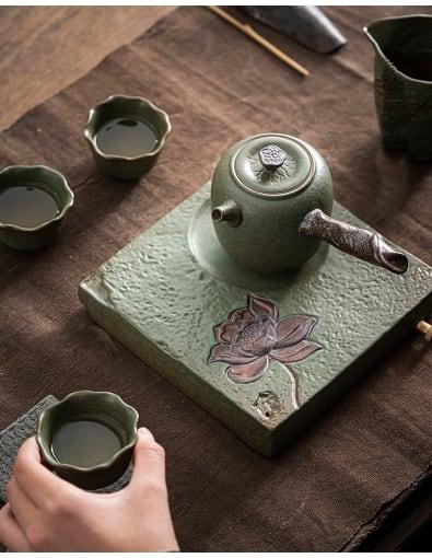 Japanese Lotus Side Grip Kung Fu Teapot Set - 6 pcs | One Pot And Three Cups with Tray - www.zawearystocks.com