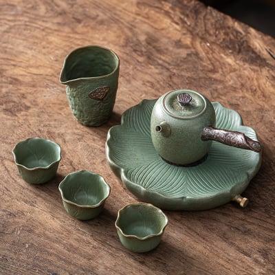 Japanese Petal Side Grip Kung Fu Teapot Set - 6 pcs | One Pot And Three Cups with Tray - www.zawearystocks.com