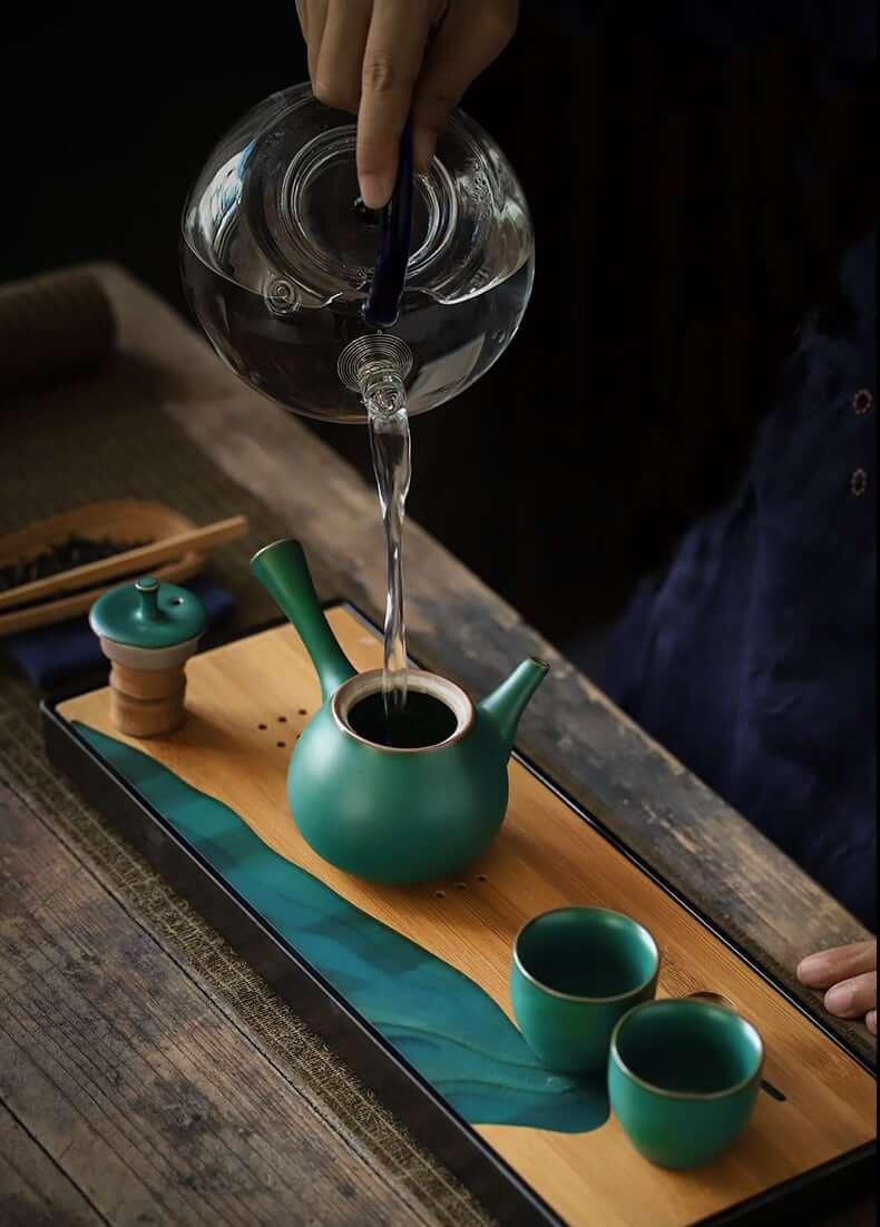 Japanese Dark Green Side Grip Teapot Set - 5pcs One Pot And Two Cups - www.zawearystocks.com