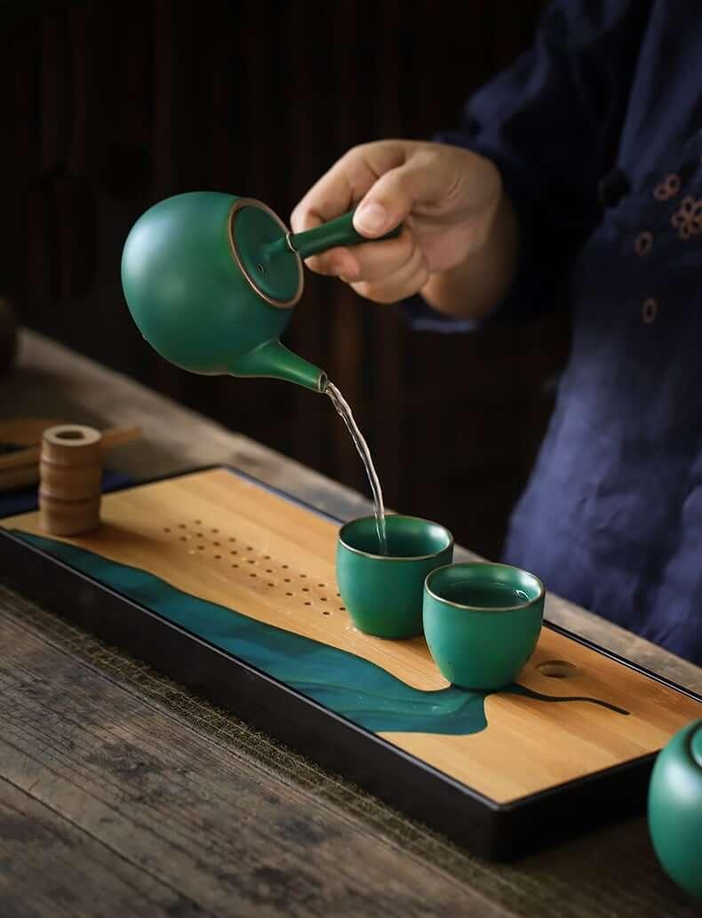 Japanese Dark Green Side Grip Teapot Set - 5pcs One Pot And Two Cups - www.zawearystocks.com