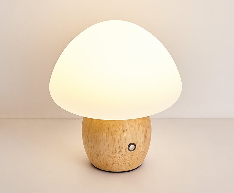 Solid Wood Frosted Mushroom Table Lamp - USB Rechargeable LED Cordless Table Lamp