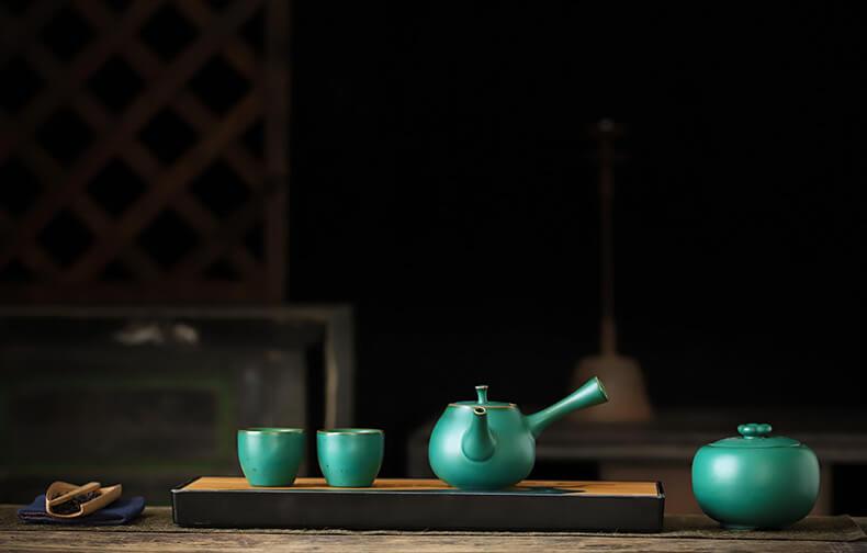 Japanese Dark Green Side Grip Teapot Set - 5pcs One Pot And Two Cups - www.zawearystocks.com
