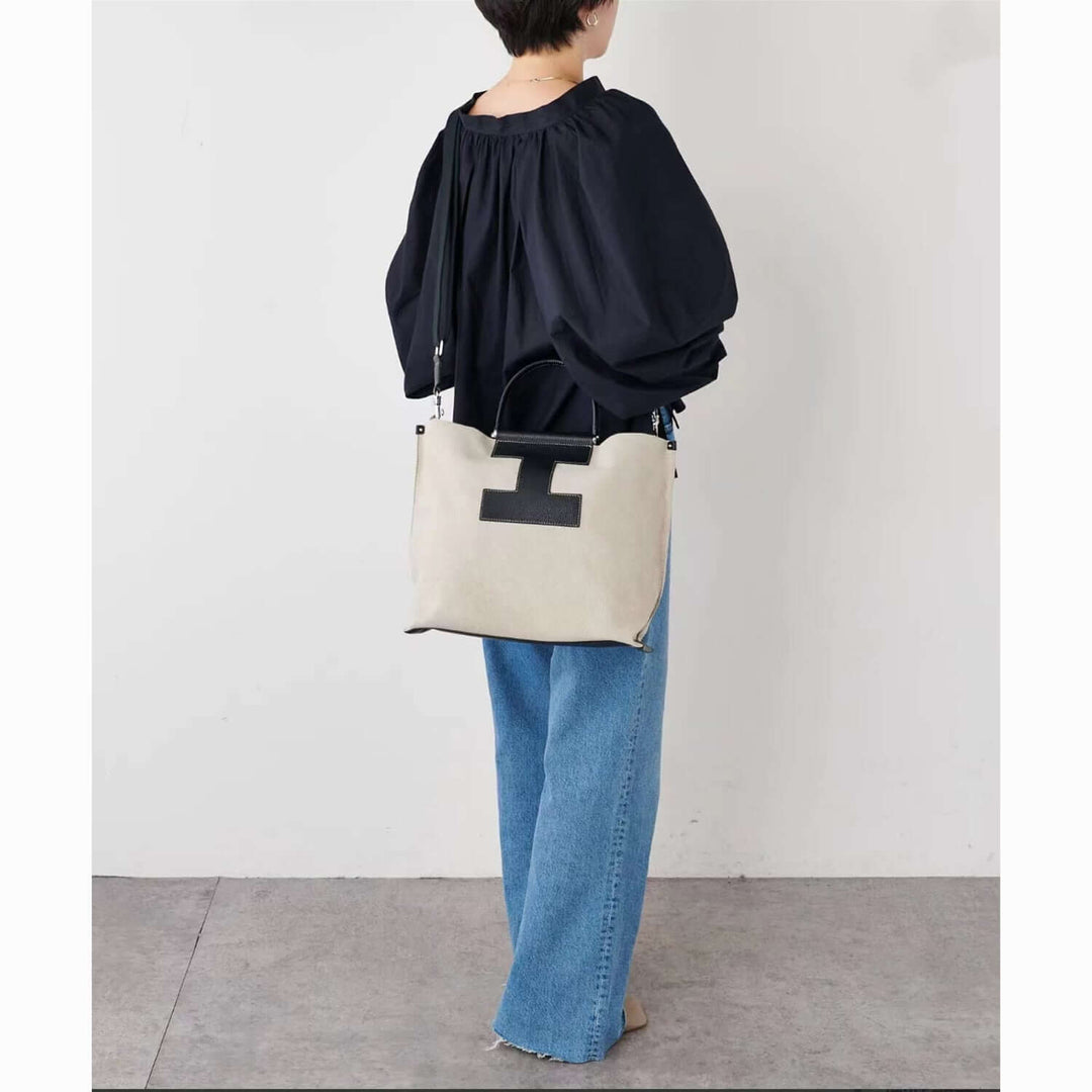 INA - Variety Tote Bag in Leather & Canvas _ Black