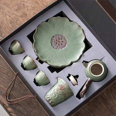 Japanese Petal Side Grip Kung Fu Teapot Set - 6 pcs | One Pot And Three Cups with Tray - www.zawearystocks.com