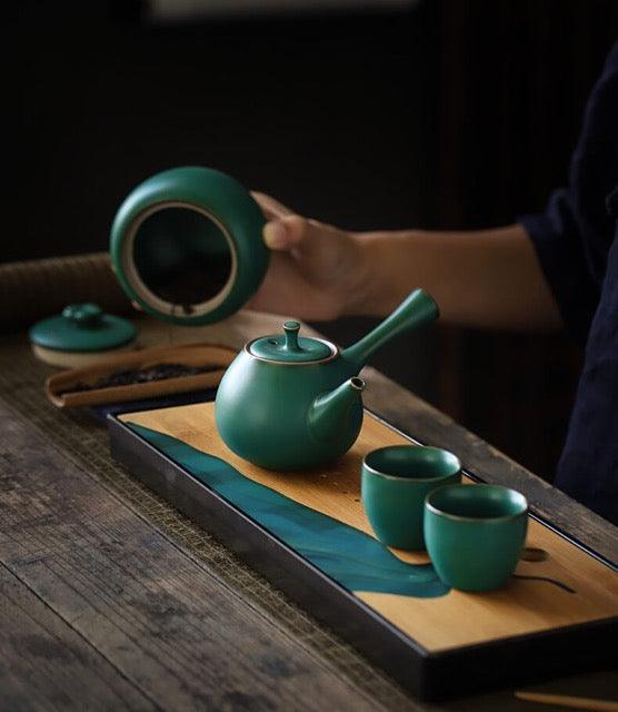 Japanese Dark Green Side Grip Teapot Set - 5pcs One Pot And Two Cups - www.zawearystocks.com