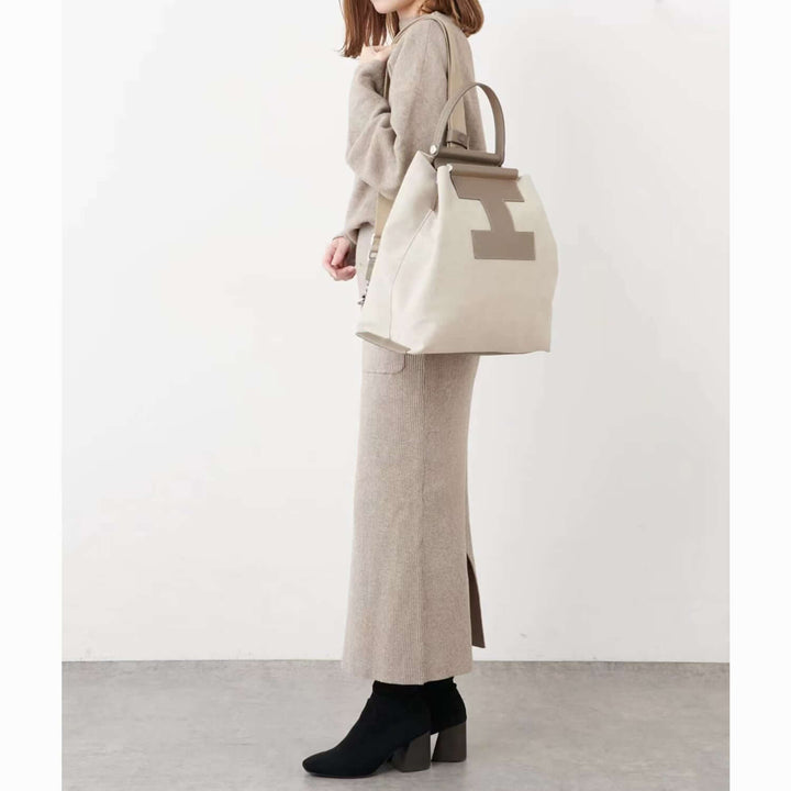 INA - Variety Tote Bag in Leather & Canvas _ Khaki