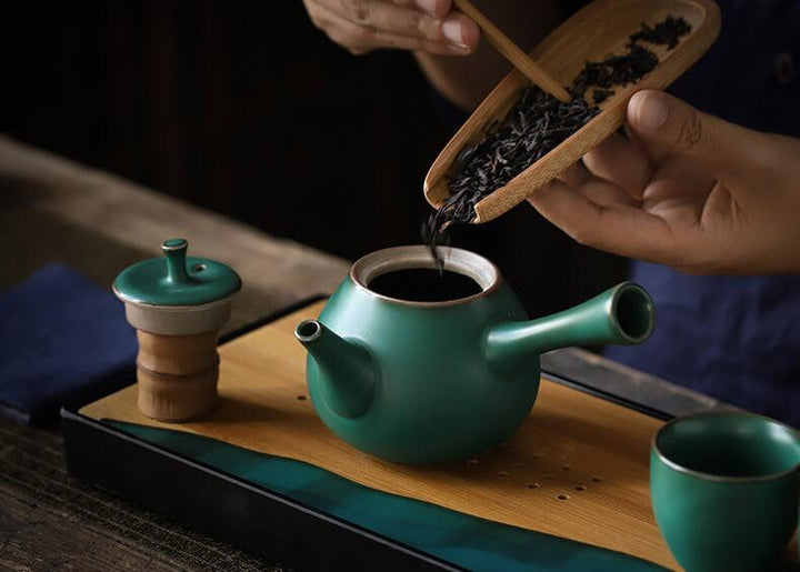 Japanese Dark Green Side Grip Teapot Set - 5pcs One Pot And Two Cups - www.zawearystocks.com