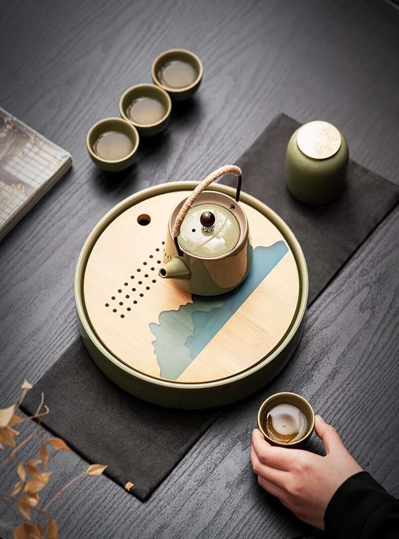 Japanese Bamboo Green Teapot With Beams Set - 7pcs One Pot And Four Cups - www.zawearystocks.com