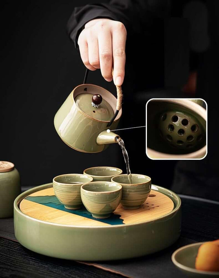 Japanese Bamboo Green Teapot With Beams Set - 7pcs One Pot And Four Cups - www.zawearystocks.com