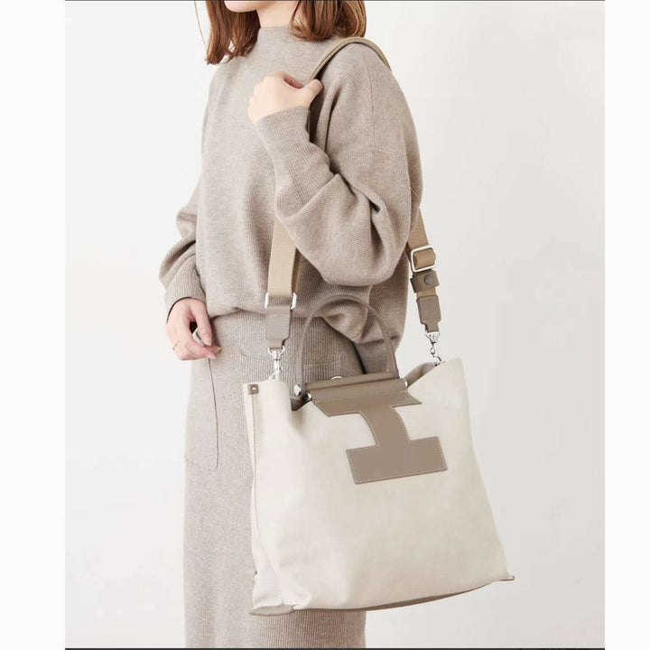 INA - Variety Tote Bag in Leather & Canvas _ Khaki