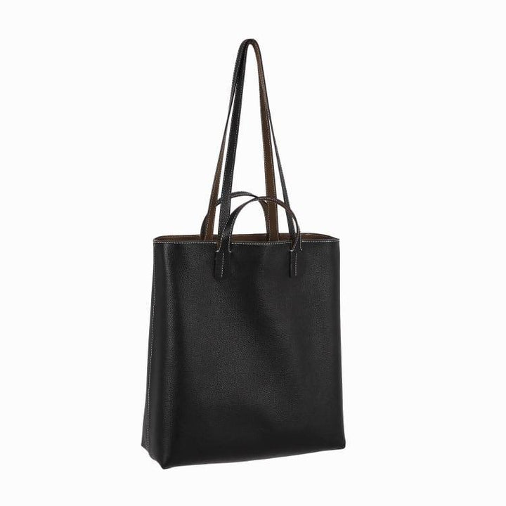 Black & Khaki Double-sided Full Grain Cow Leather Large Capacity Tote Bag | Handbag | Shoulder Bag - loliday.net