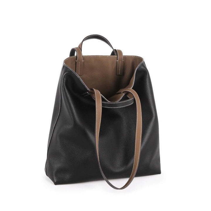 Black & Khaki Double-sided Full Grain Cow Leather Large Capacity Tote Bag | Handbag | Shoulder Bag - loliday.net