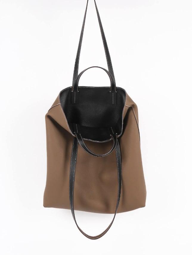 Black & Khaki Double-sided Full Grain Cow Leather Large Capacity Tote Bag | Handbag | Shoulder Bag - loliday.net