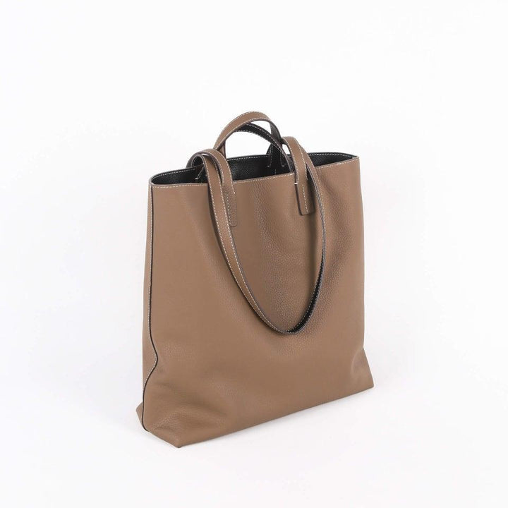 Black & Khaki Double-sided Full Grain Cow Leather Large Capacity Tote Bag | Handbag | Shoulder Bag - loliday.net