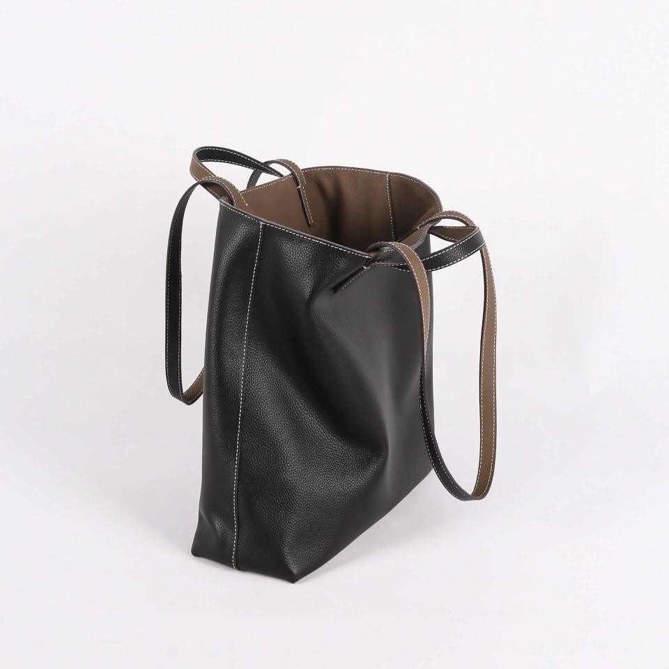 Black & Khaki Double-sided Full Grain Cow Leather Large Capacity Tote Bag | Handbag | Shoulder Bag - loliday.net