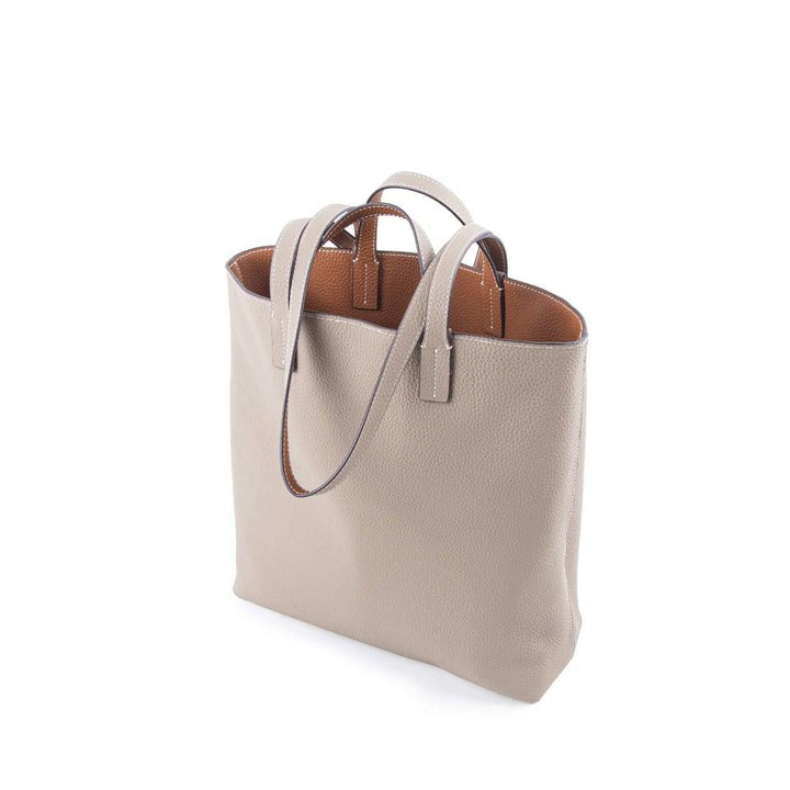 Gray & Brown Double-sided Full Grain Cow Leather Large Capacity Tote Bag | Handbag | Shoulder Bag - loliday.net