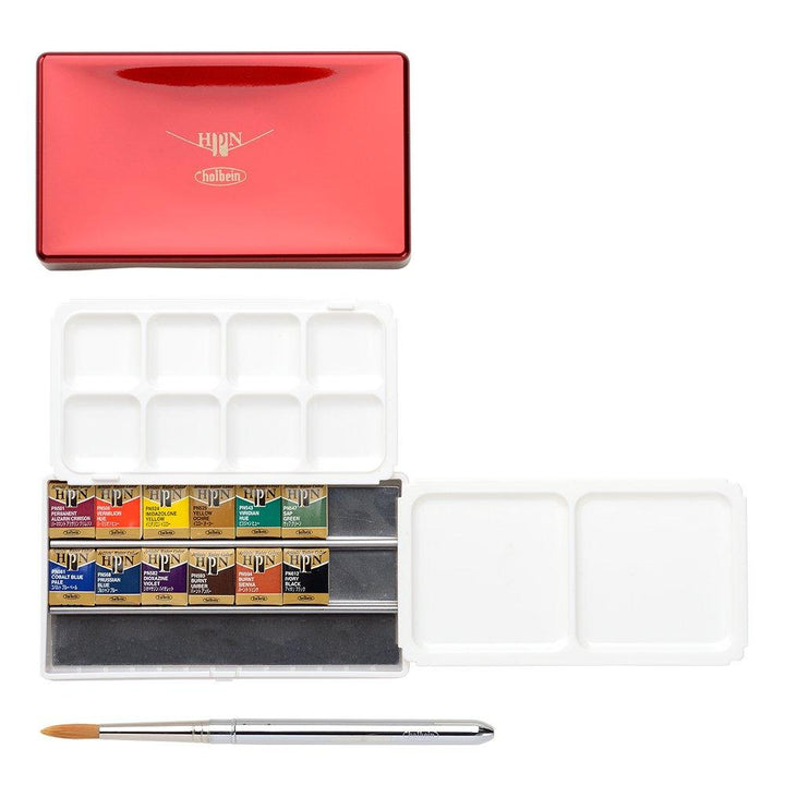 Holbein Artists' Watercolor Paint Half Pan Red Palm Case 12 Colors Set - www.zawearystocks.com