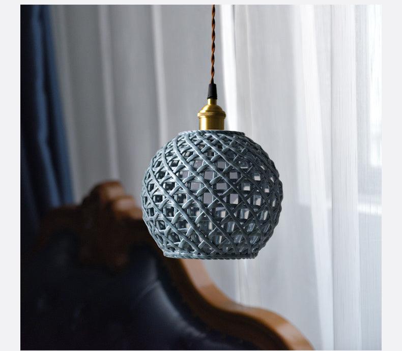 Japanese Style Ceramic Hollow Pendant Lamp - Blue Ball - www.zawearystocks.com