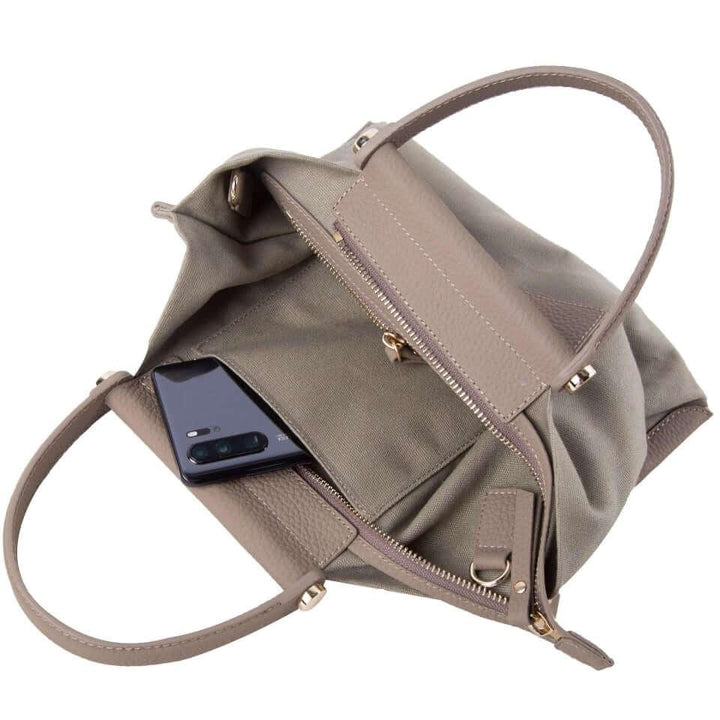 Khaki Full Grain Cow Leather & Grey-green Canvas Dumpling Bag | Tote Bag - www.zawearystocks.com