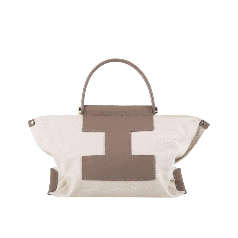 Khaki Full Grain Cow Leather & White Canvas Dumpling Bag | Tote Bag - www.zawearystocks.com