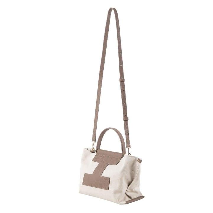 Khaki Full Grain Cow Leather & White Canvas Dumpling Bag | Tote Bag - www.zawearystocks.com