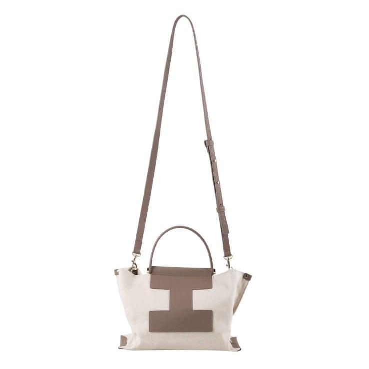 Khaki Full Grain Cow Leather & White Canvas Dumpling Bag | Tote Bag - www.zawearystocks.com