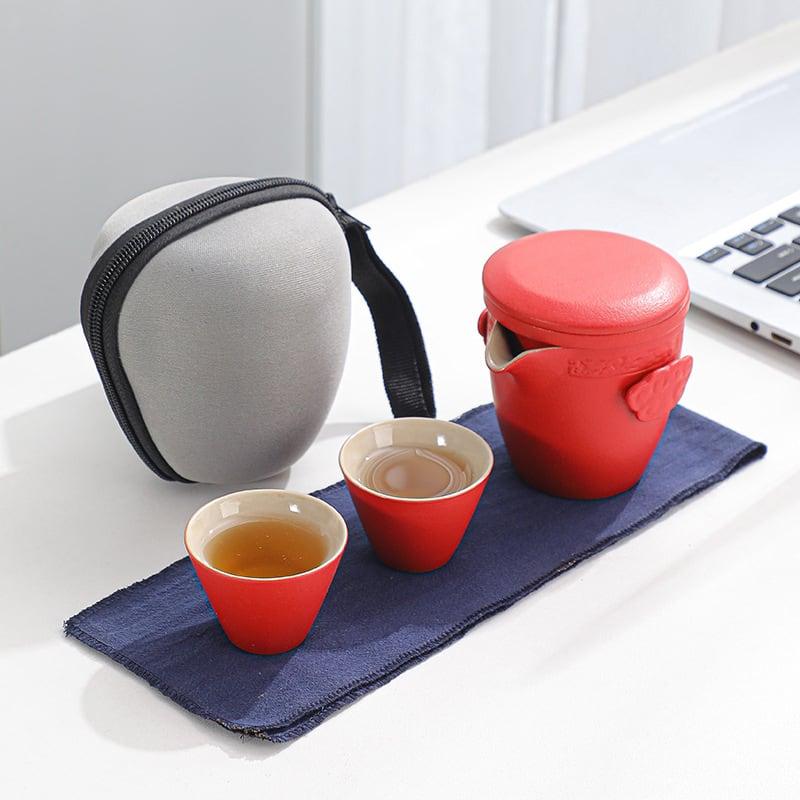 Portable Black Pottery Kung Fu Tea Set - One Pot Two Cups With Coaster - www.zawearystocks.com