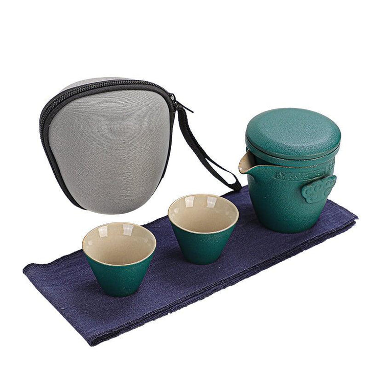 Portable Black Pottery Kung Fu Tea Set - One Pot Two Cups With Coaster - www.zawearystocks.com