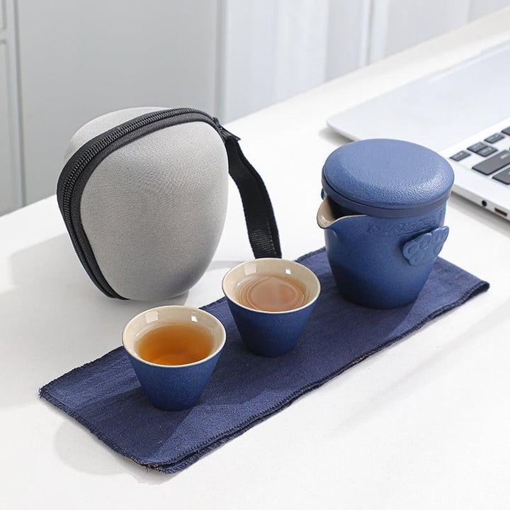 Portable Black Pottery Kung Fu Tea Set - One Pot Two Cups With Coaster - www.zawearystocks.com