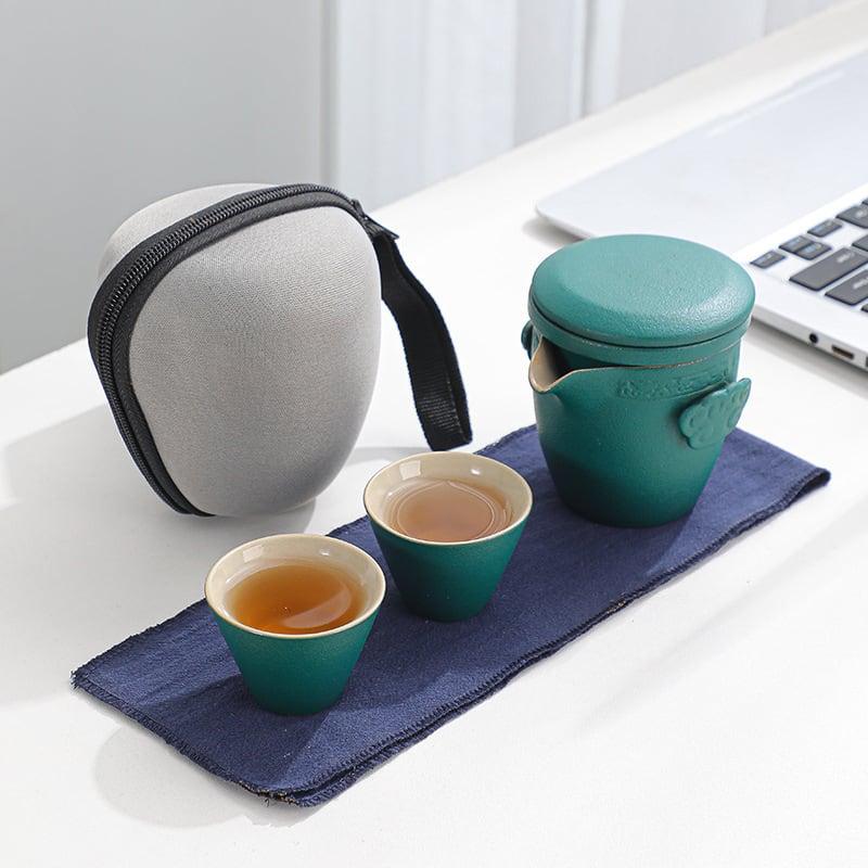 Portable Black Pottery Kung Fu Tea Set - One Pot Two Cups With Coaster - www.zawearystocks.com