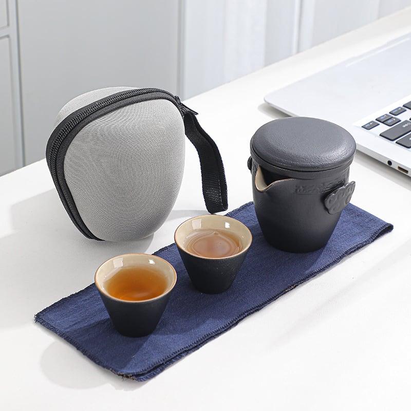 Portable Black Pottery Kung Fu Tea Set - One Pot Two Cups With Coaster - www.zawearystocks.com