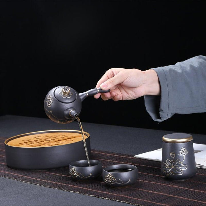 Portable Travel Hand Painted Lotus Stoneware Tea Set - 5pcs with Tea Tray - www.zawearystocks.com