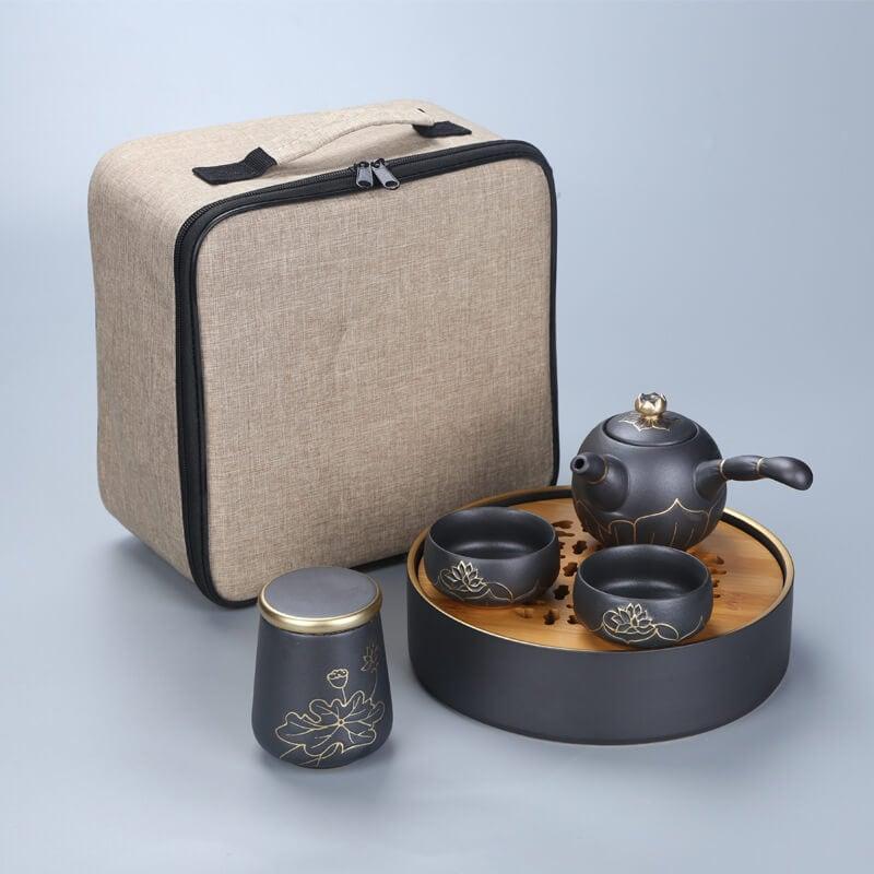 Portable Travel Hand Painted Lotus Stoneware Tea Set - 5pcs with Tea Tray - www.zawearystocks.com