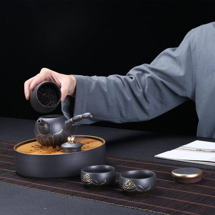 Portable Travel Hand Painted Lotus Stoneware Tea Set - 5pcs with Tea Tray - www.zawearystocks.com